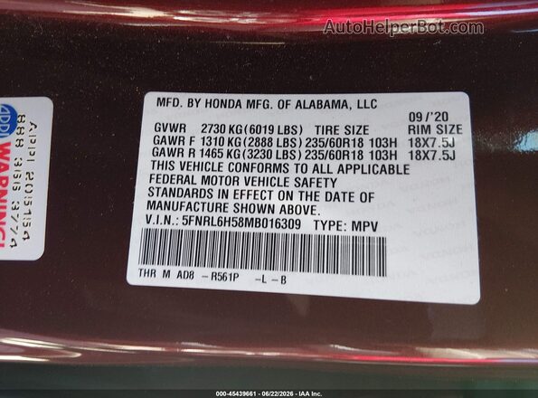 5FNRL6H58MB016309 2021 HONDA ODYSSEY Бордовый Вид подкапотного пространства