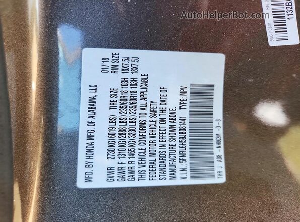 5FNRL6H59JB081441 2018 HONDA ODYSSEY Gray Vista de la etiqueta del VIN