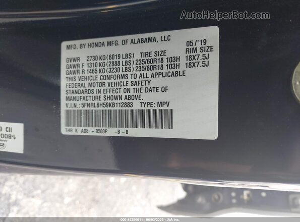5FNRL6H59KB112883 2019 HONDA ODYSSEY Blue Engine compartment view