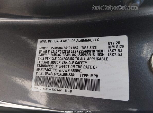5FNRL6H5XLB043381 2020 HONDA ODYSSEY Gray ძრავის განყოფილების ხედი
