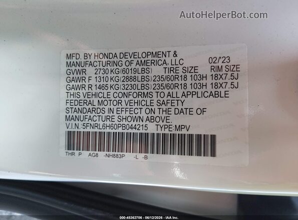 5FNRL6H60PB044215 2023 HONDA ODYSSEY White Շարժիչի բաժամունքի տեսք
