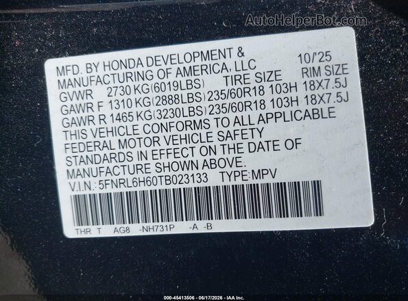 5FNRL6H60TB023133 2026 HONDA ODYSSEY Black Vista del compartimento del motor