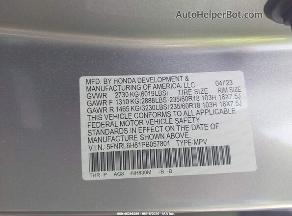 5FNRL6H61PB057801 2023 HONDA ODYSSEY Silver Вид підкапотного простору