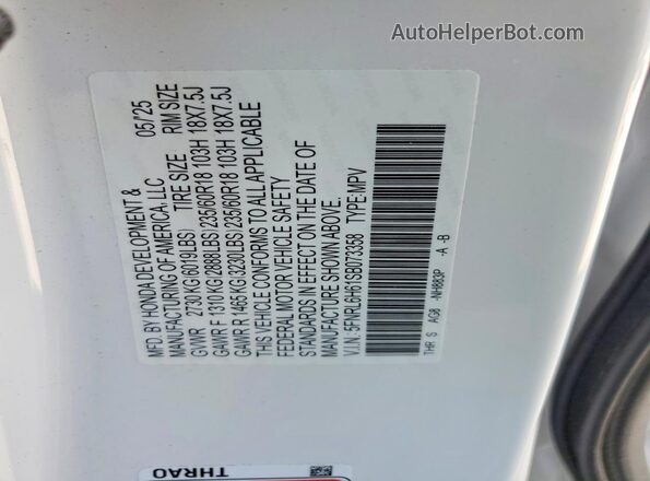 5FNRL6H61SB073358 2025 HONDA ODYSSEY White VIN კოდის სტიკერის ხედი