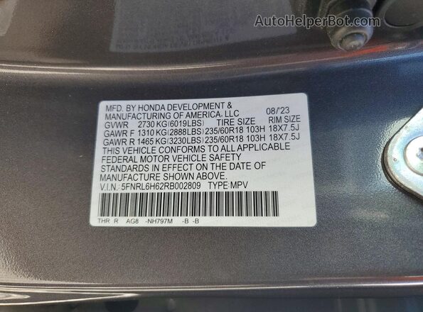 5FNRL6H62RB002809 2024 HONDA ODYSSEY Gray 360 interior view