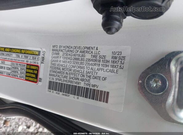 5FNRL6H63RB014581 2024 HONDA ODYSSEY White Vista del compartimento del motor