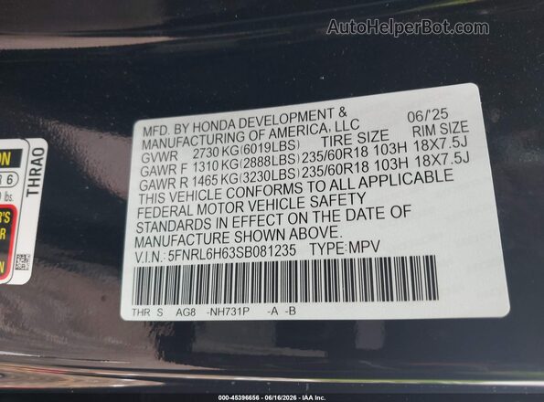 5FNRL6H63SB081235 2025 HONDA ODYSSEY Black 