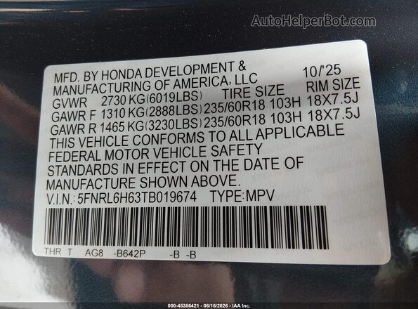 5FNRL6H63TB019674 2026 HONDA ODYSSEY Pewter Engine compartment view