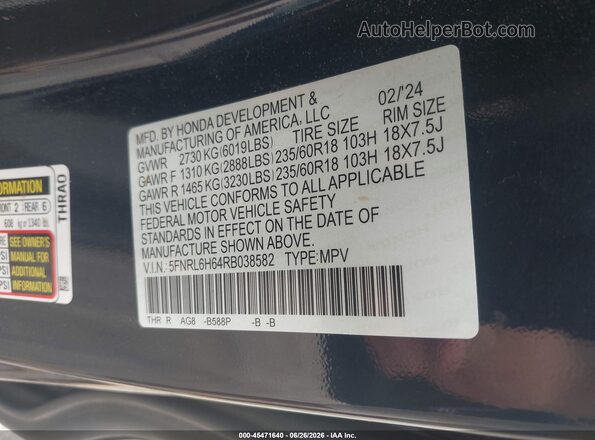 5FNRL6H64RB038582 2024 HONDA ODYSSEY Blue Vista del compartimento del motor