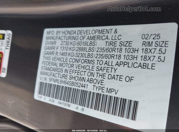 5FNRL6H64SB052441 2025 HONDA ODYSSEY Gray Շարժիչի բաժամունքի տեսք