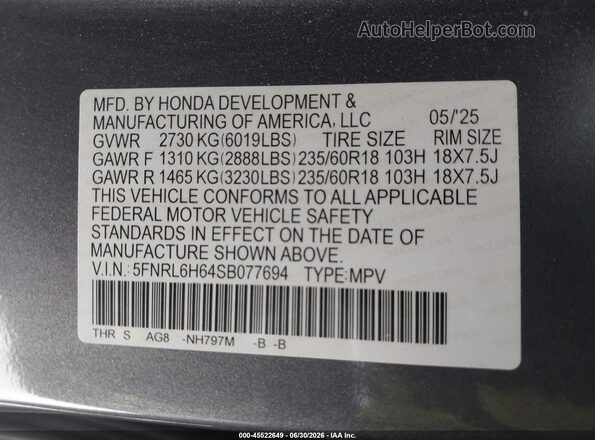 5FNRL6H64SB077694 2025 HONDA ODYSSEY Gray ძრავის განყოფილების ხედი