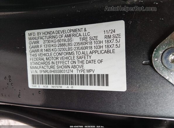 5FNRL6H65SB031274 2025 HONDA ODYSSEY Gray Շարժիչի բաժամունքի տեսք