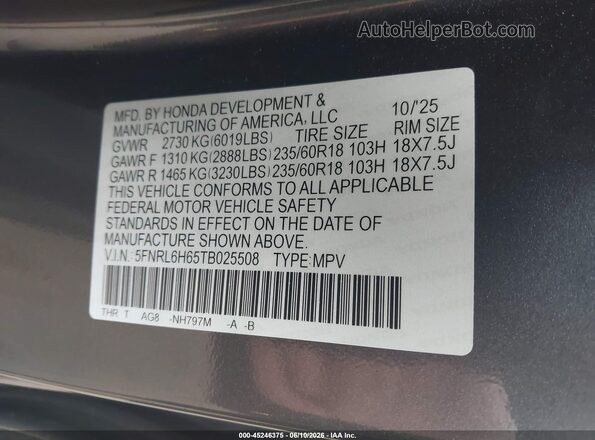 5FNRL6H65TB025508 2026 HONDA ODYSSEY Gray Engine compartment view