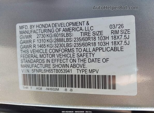 5FNRL6H65TB053941 2026 HONDA ODYSSEY Silver ძრავის განყოფილების ხედი