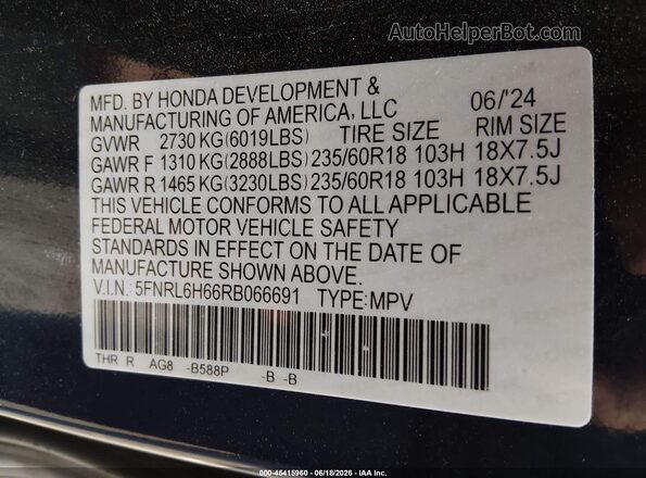 5FNRL6H66RB066691 2024 HONDA ODYSSEY Black Engine compartment view