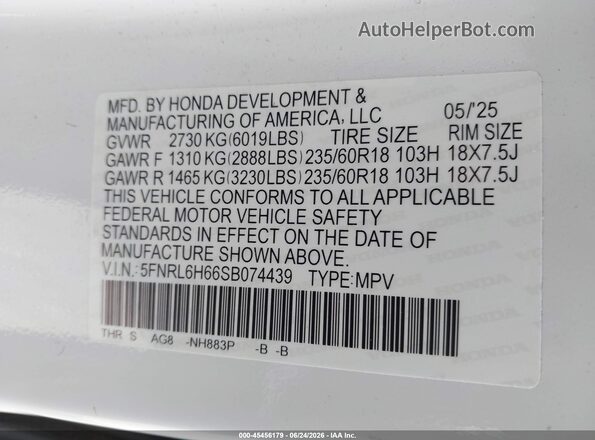 5FNRL6H66SB074439 2025 HONDA ODYSSEY White Շարժիչի բաժամունքի տեսք