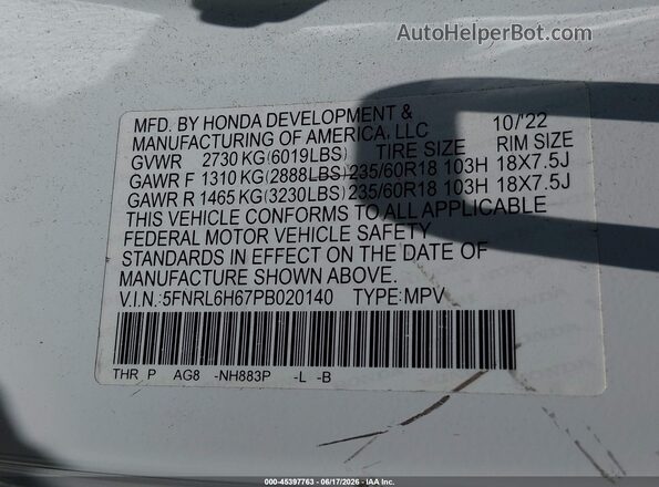 5FNRL6H67PB020140 2023 HONDA ODYSSEY White Vista del compartimento del motor