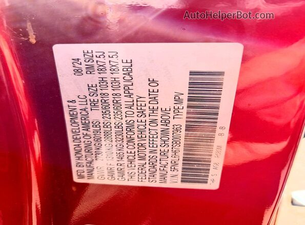 5FNRL6H67SB007963 2025 HONDA ODYSSEY Red Vista de la etiqueta del VIN