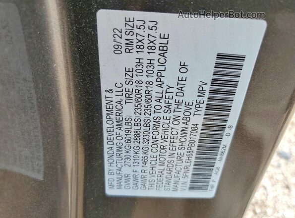 5FNRL6H68PB017084 2023 HONDA ODYSSEY Gray VIN კოდის სტიკერის ხედი