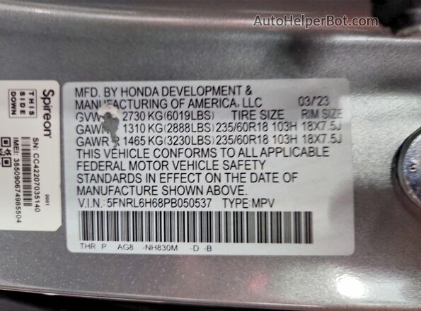 5FNRL6H68PB050537 2023 HONDA ODYSSEY Silver Vista interior de 360 grados