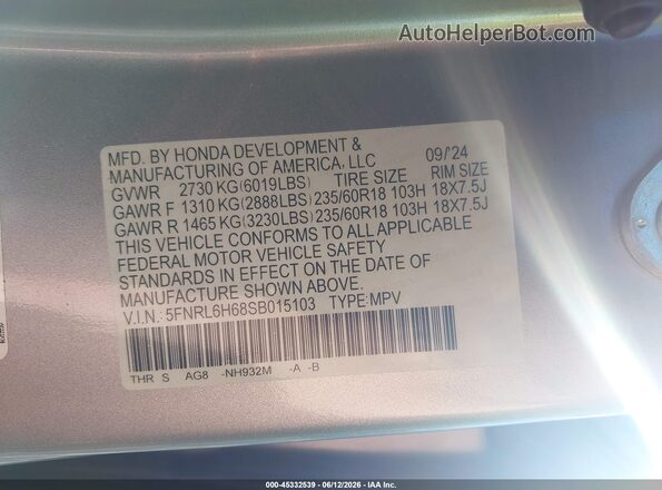 5FNRL6H68SB015103 2025 HONDA ODYSSEY Silver ძრავის განყოფილების ხედი