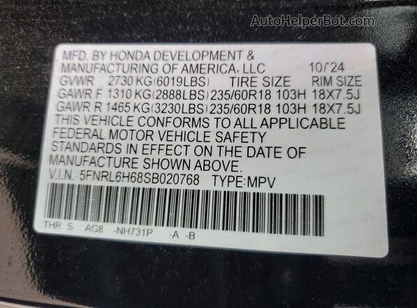 5FNRL6H68SB020768 2025 HONDA ODYSSEY Black 
