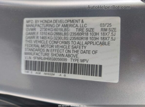 5FNRL6H68SB056699 2025 HONDA ODYSSEY Silver 