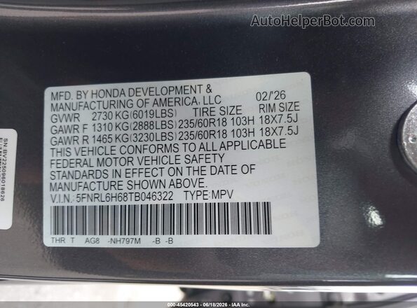 5FNRL6H68TB046322 2026 HONDA ODYSSEY Gray Widok komory silnika