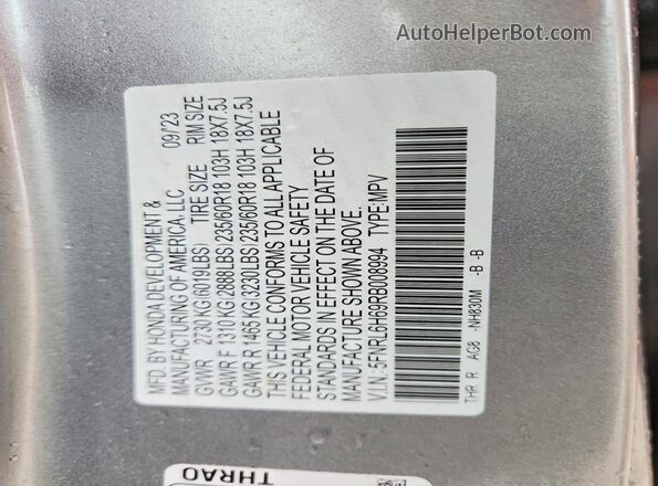5FNRL6H69RB008994 2024 HONDA ODYSSEY Silver VIN კოდის სტიკერის ხედი