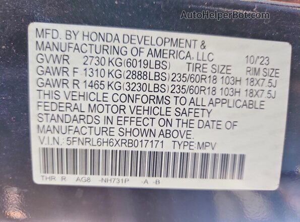 5FNRL6H6XRB017171 2024 HONDA ODYSSEY Черный 