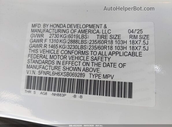 5FNRL6H6XSB069289 2025 HONDA ODYSSEY White Շարժիչի բաժամունքի տեսք