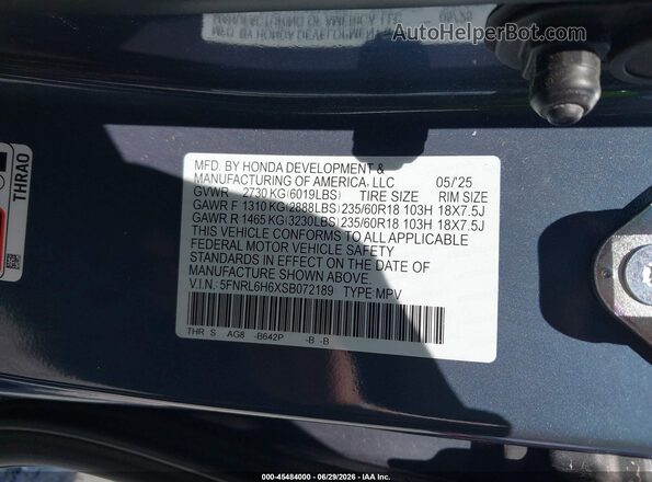 5FNRL6H6XSB072189 2025 HONDA ODYSSEY Blue Engine compartment view