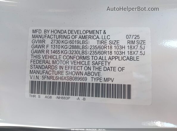 5FNRL6H6XSB089669 2025 HONDA ODYSSEY White Вид підкапотного простору