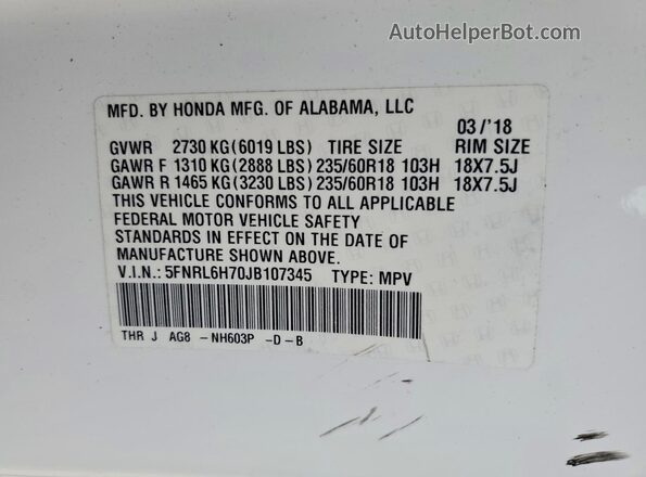 5FNRL6H70JB107345 2018 HONDA ODYSSEY Белый Вид наклейки с VIN-кодом