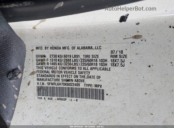 5FNRL6H70KB022409 2019 HONDA ODYSSEY White Շարժիչի բաժամունքի տեսք