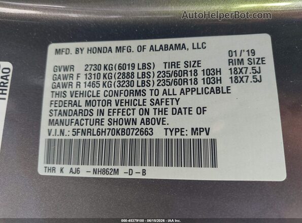 5FNRL6H70KB072663 2019 HONDA ODYSSEY Gray 