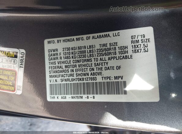5FNRL6H70KB127693 2019 HONDA ODYSSEY Серый 