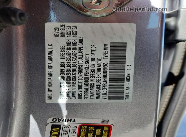 5FNRL6H70LB059865 2020 HONDA ODYSSEY Silver VIN კოდის სტიკერის ხედი