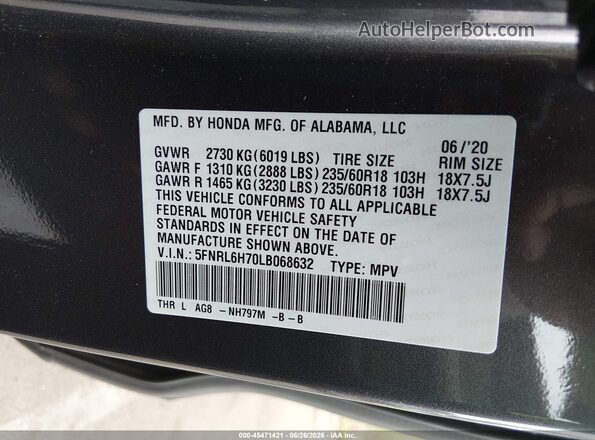 5FNRL6H70LB068632 2020 HONDA ODYSSEY Gray Engine compartment view