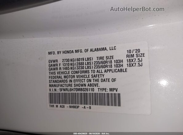 5FNRL6H70MB026110 2021 HONDA ODYSSEY White Շարժիչի բաժամունքի տեսք