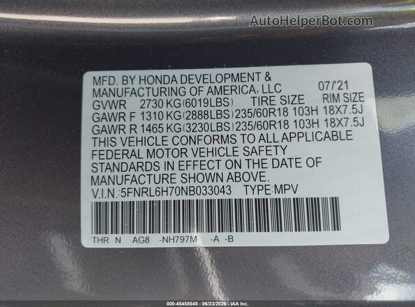5FNRL6H70NB033043 2022 HONDA ODYSSEY Gray Engine compartment view