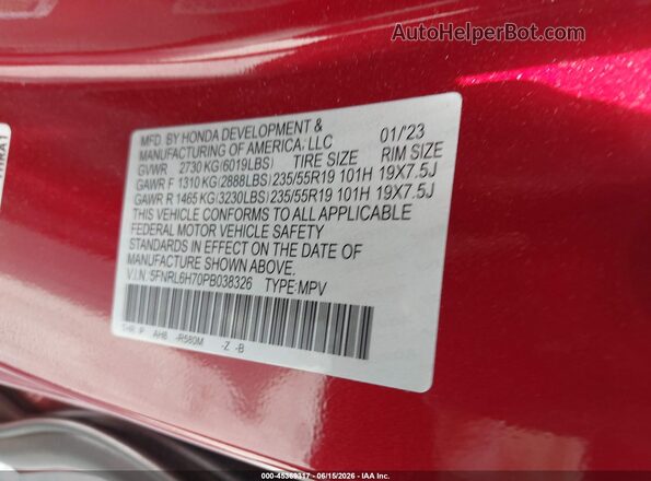5FNRL6H70PB038326 2023 HONDA ODYSSEY Burgundy ძრავის განყოფილების ხედი