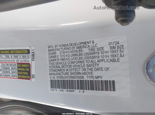 5FNRL6H70RB035008 2024 HONDA ODYSSEY White Շարժիչի բաժամունքի տեսք