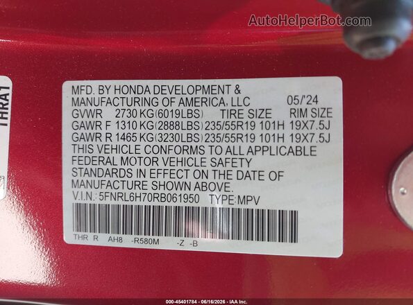 5FNRL6H70RB061950 2024 HONDA ODYSSEY Red Engine compartment view