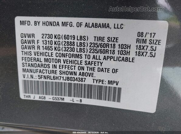 5FNRL6H71JB034387 2018 HONDA ODYSSEY Gray Engine compartment view