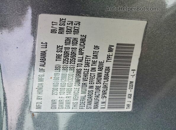 5FNRL6H71JB044384 2018 HONDA ODYSSEY Gray VIN sticker view