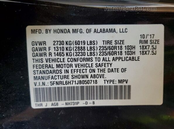 5FNRL6H71JB050718 2018 HONDA ODYSSEY Black 