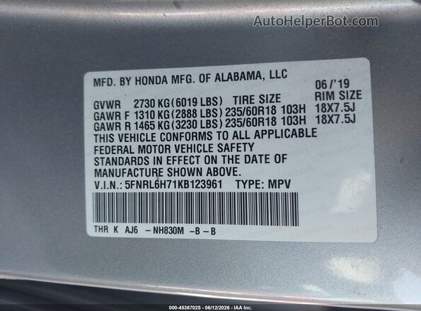 5FNRL6H71KB123961 2019 HONDA ODYSSEY Silver Շարժիչի բաժամունքի տեսք