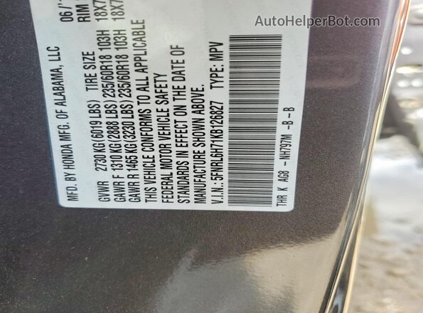 5FNRL6H71KB126827 2019 HONDA ODYSSEY Gray VIN կոդի պիտակի տեսք