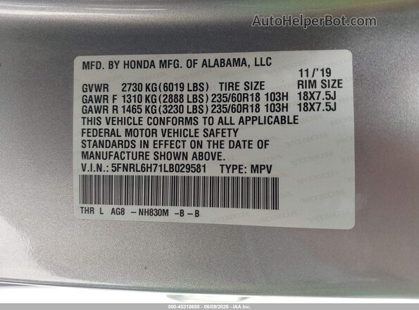 5FNRL6H71LB029581 2020 HONDA ODYSSEY Silver Շարժիչի բաժամունքի տեսք